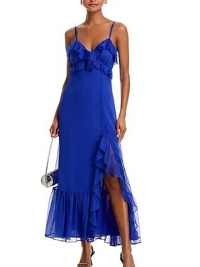 AQUA Size L Sleeveless Midi Cobalt Blue Lined Chiffon Population Dress